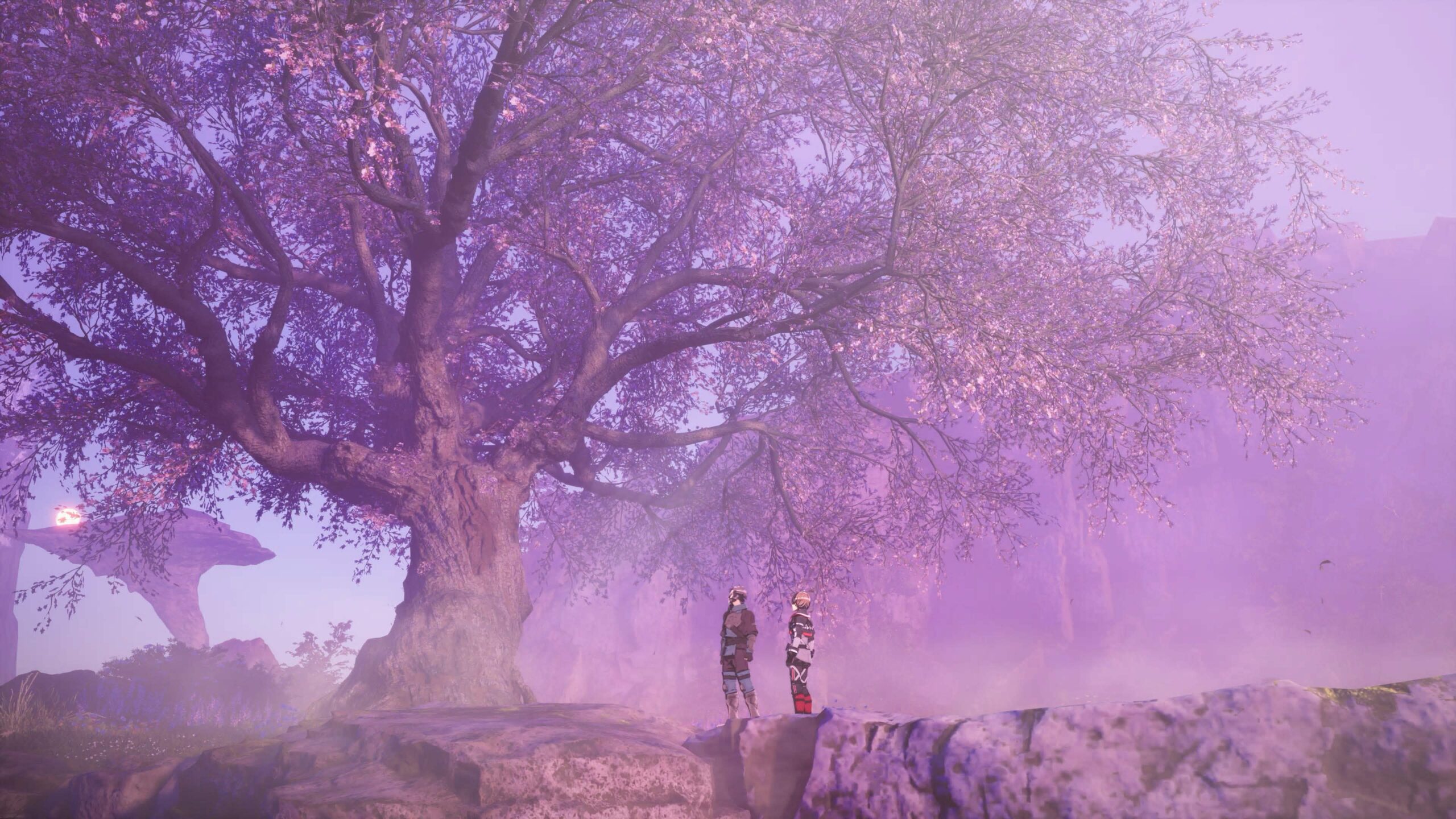 An in-game image from Echoes of Aincrad showing the player character and Iori underneath a budding flower tree.