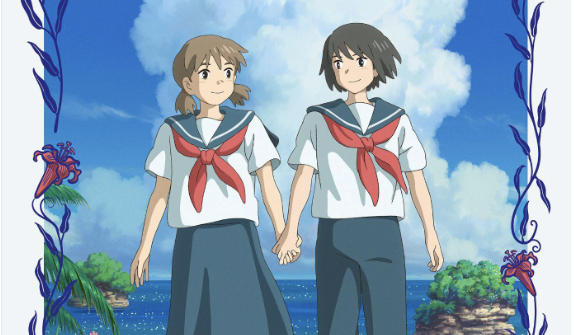 Two girls wearing school uniforms hold hands and stand in grass. An ocean is seen behind them