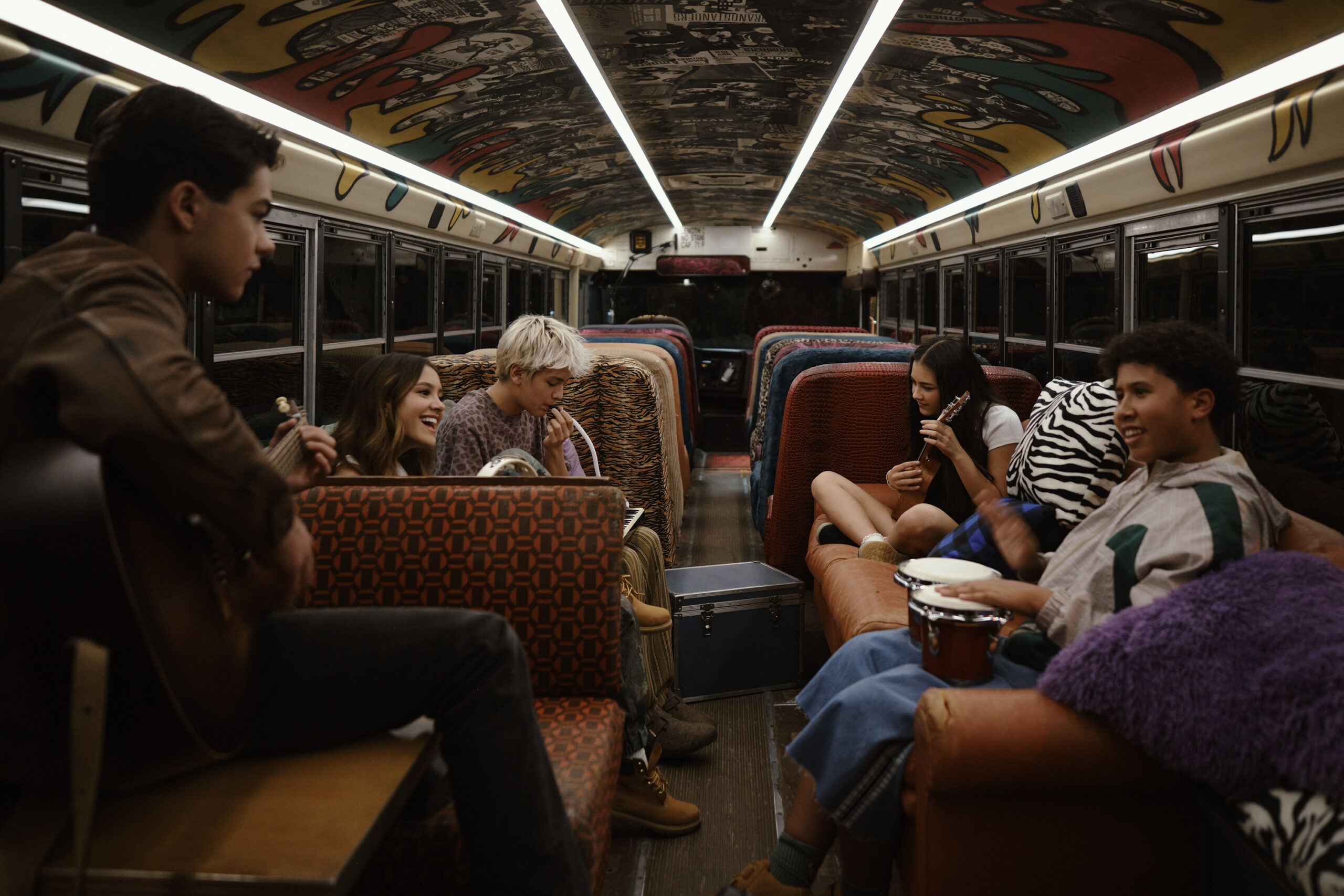 Fletch, Sage, Desi, Rosie and Cliff sit in the bus during the third challenge.