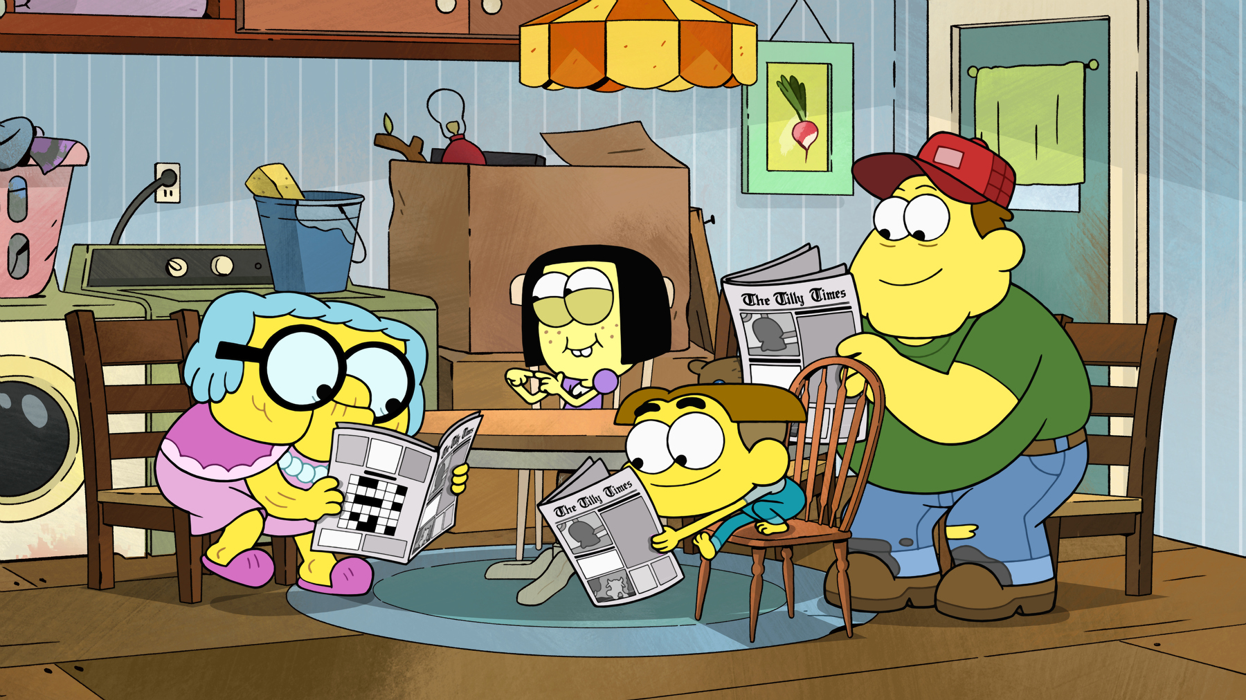 Gramma Alice, Tilly, Cricket and Bill in the kitchen all reading the newspaper