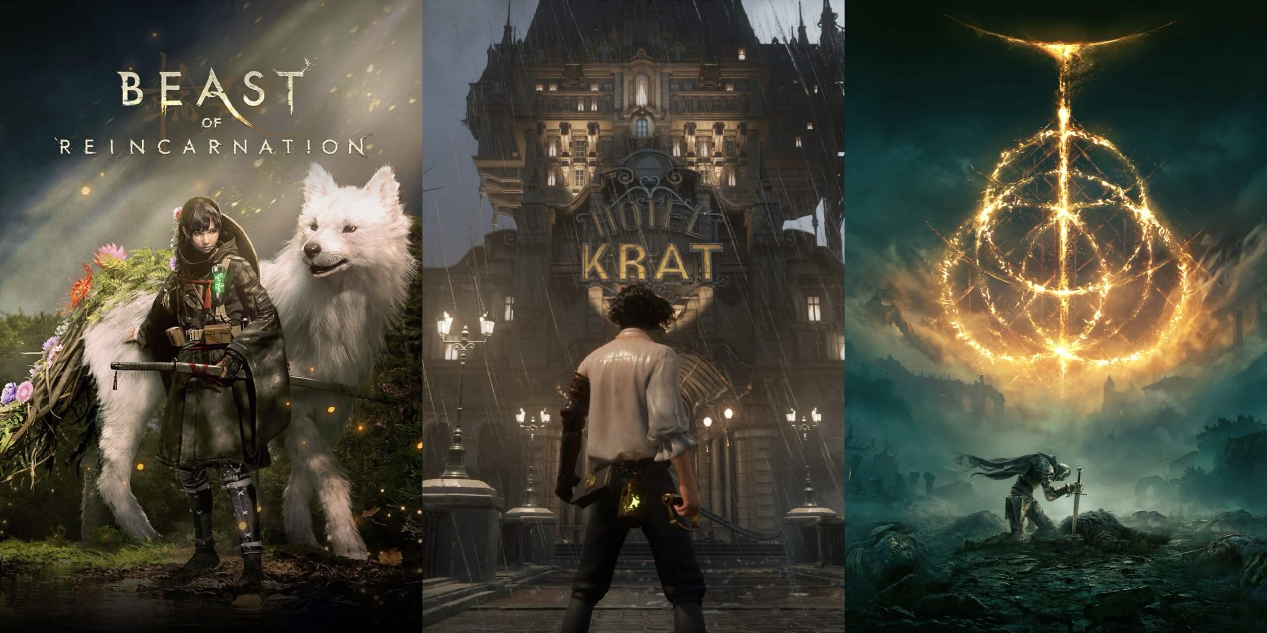 An image showing art from Beasts of Reincarnation, Lies of P, and Elden Ring.