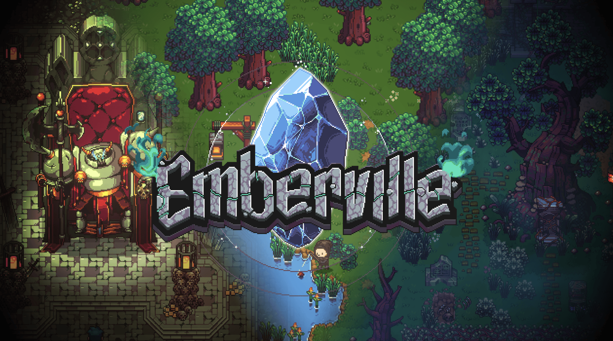 An image depicting the main logo of Emberville, the words emblazoned across a giant crystel with a forest in the background.