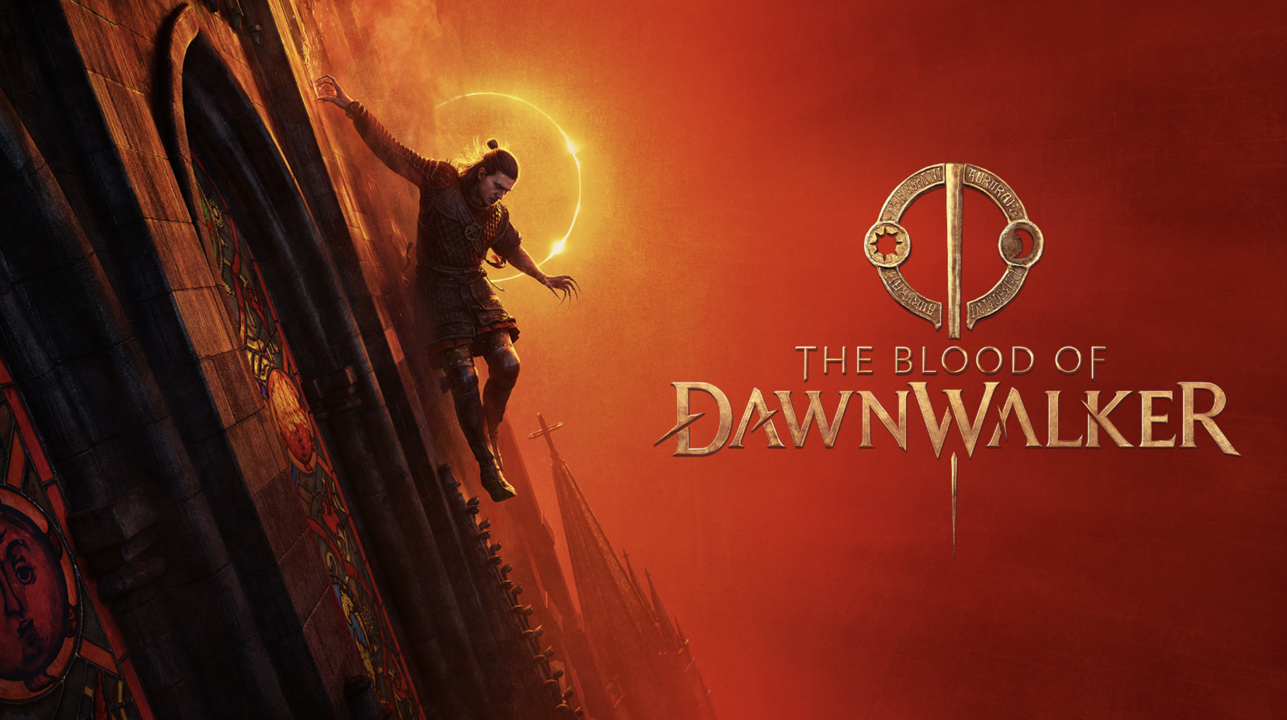 An image with the words The Blood of the Dawnwalker over a red sky as Coen slides down the side of a building on the lefthand side.