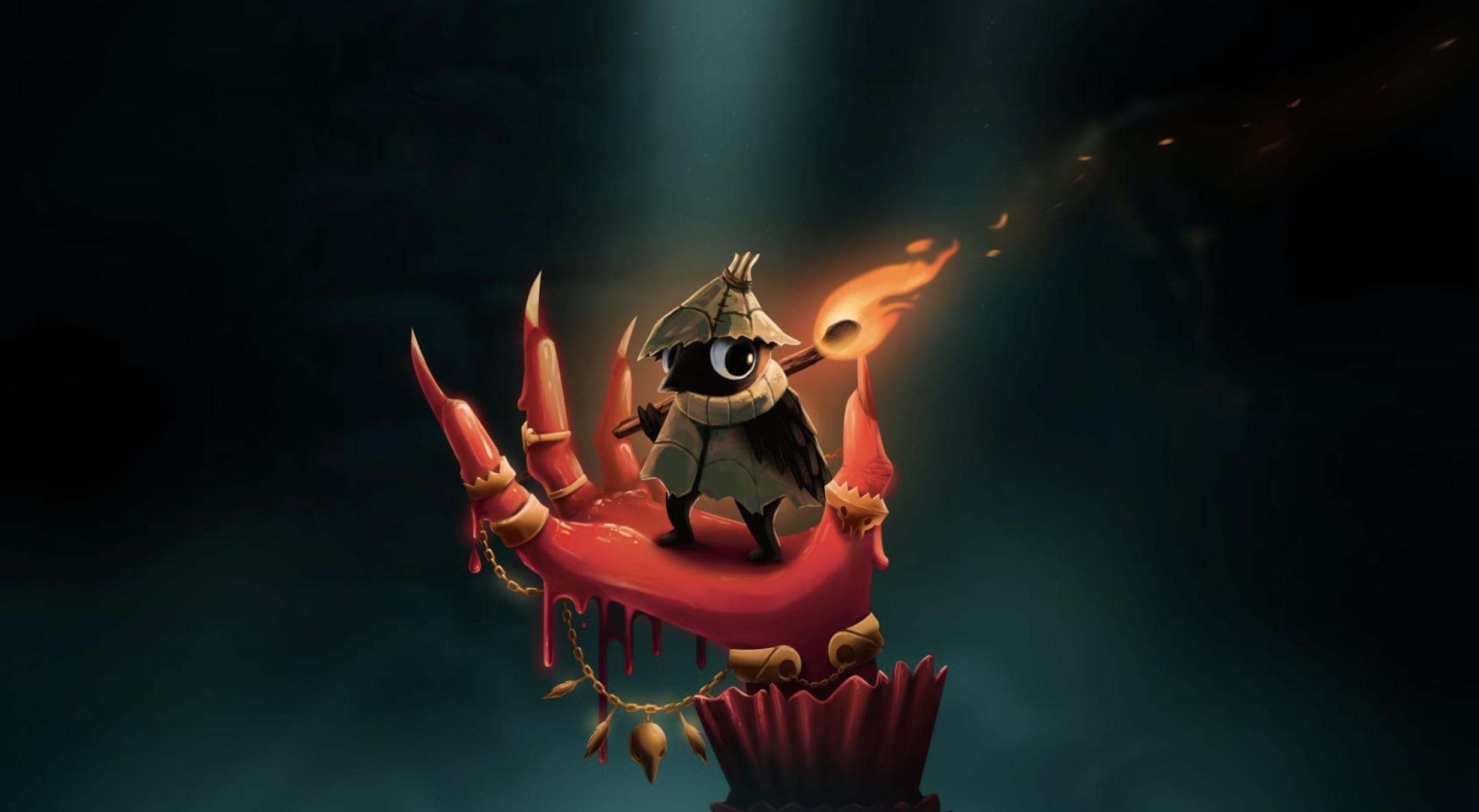 An image depicting the main character of Well Dweller, a small bird wielding a matchstick while being held up by a monster's claw.